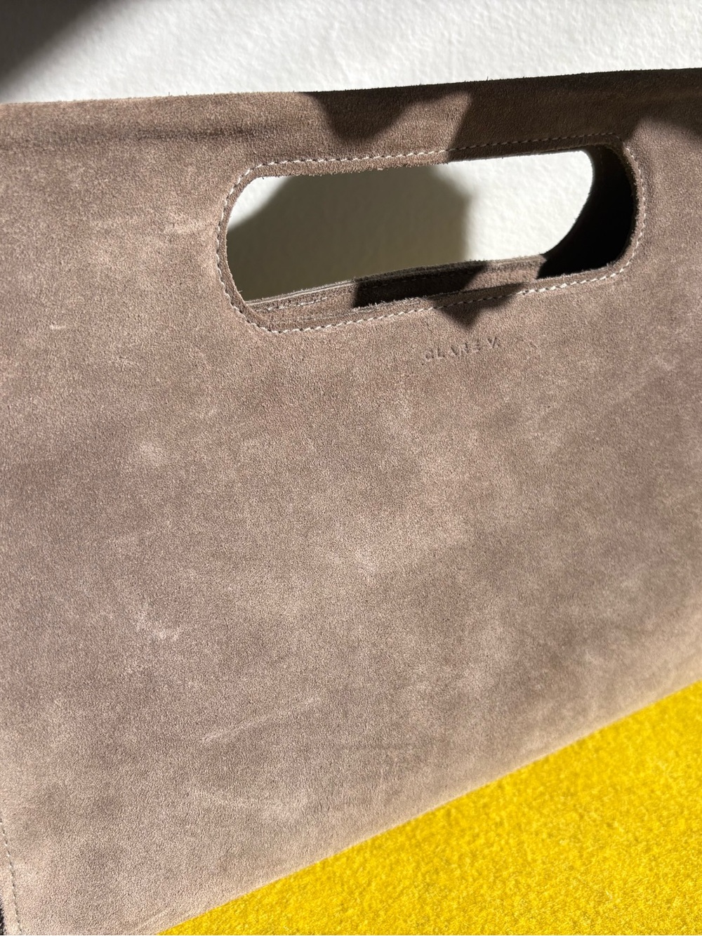 Clare V. Petit Maude Maison Mushroom Taupe Gray Suede Clutch Bag 12” x 9.5” x 5” - Picture 4 of 14